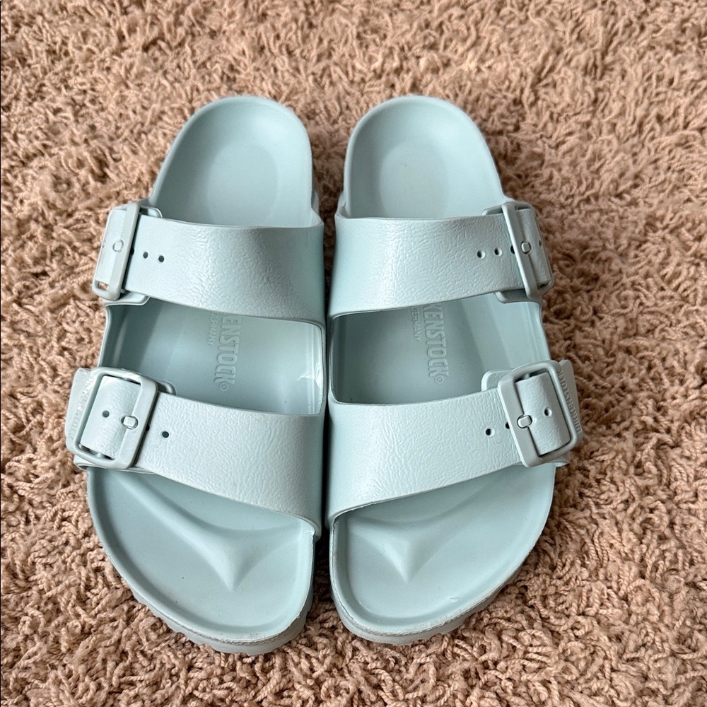Birkenstock Double-Buckle Slide Sandals in Light Blue